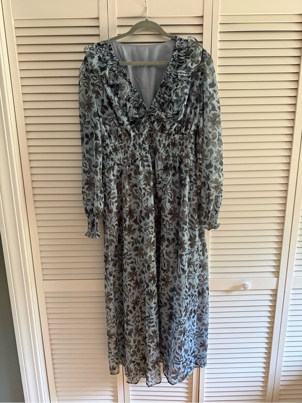Floral Ruffle V-Neck Long Sleeve Maxi Dress in Light Blue